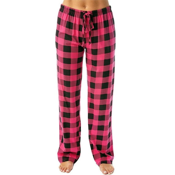 Womens Trousers Ladies Casual Plaid Printed Pajama Elastic Rope Leggings For Women Pink L