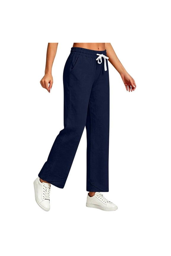 Womens Trousers Linen Straight Leg Chino Pants Drawstring Loose Fit Cotton Elastic Waist Lounge Pants Work Slacks Wear