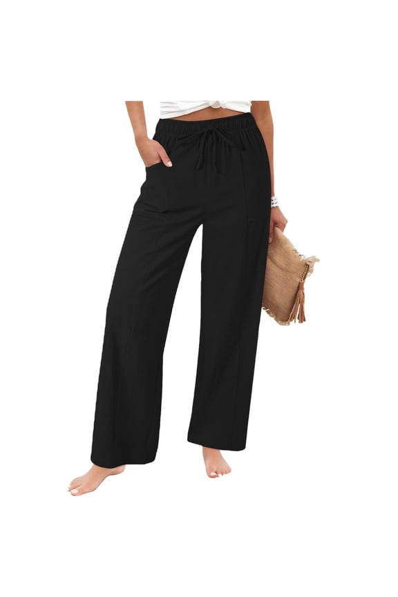 Womens Trousers Spring 2026 Women's Linen Blend Straight Leg Pants - Summer Drawstring Elastic Waist with Side Pockets, Loose Casual Trouser Pants Trousers
