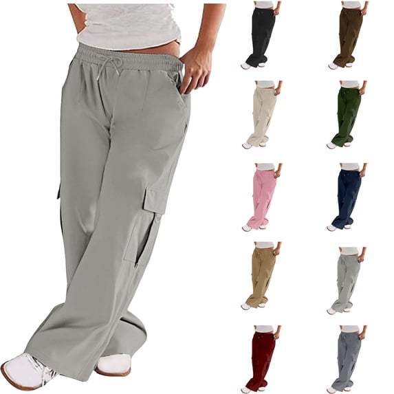 Womens Trousers Work Pants Mid Rise Relaxed Straight Leg Cargo Casual Trousers with Multi Pockets Women's Pants Gray M