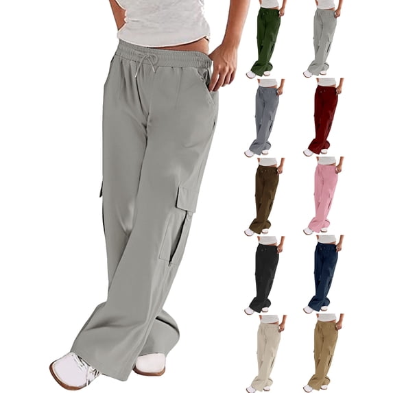 Womens Trousers Work Pants Mid Rise Relaxed Straight Leg Cargo Casual Trousers with Multi Pockets Women's Pants Gray M