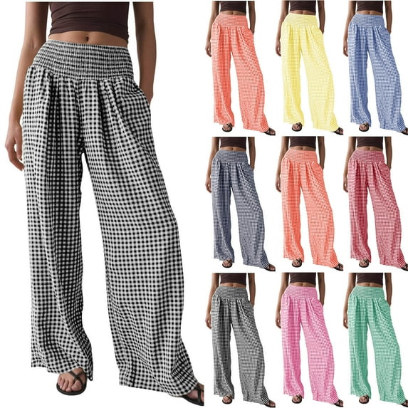 Womens Trousers with Pocket Plus Size Fashion Women Casual Print Pocket Stretch Waist Long Pants Brown S