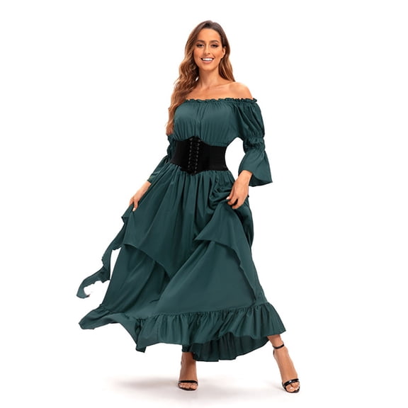 Womens Trumpet Sleeve Irish Shirt Dress Traditional Gothic Corset Elegant Retro Long Sleeve Attire