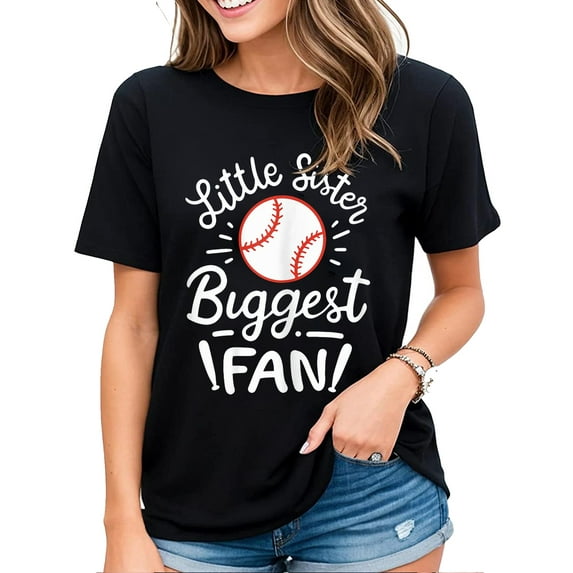 Womens Tshirt Baseball Little Sister Shirt Biggest Fan Casual Short Sleeve Tops Black 4X-Large