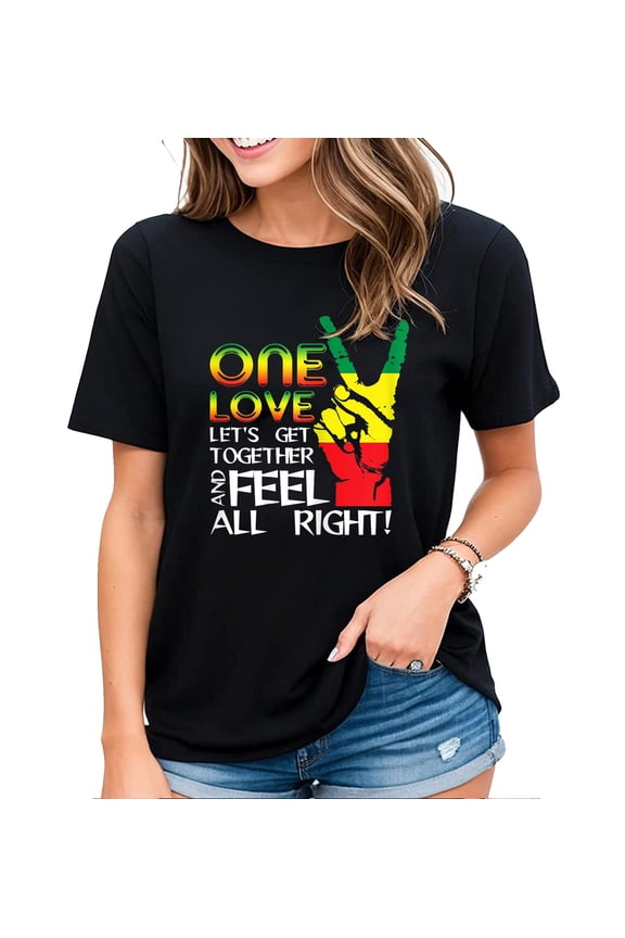Womens Tshirt Caribbean Music Pride Flag Shirt Jamaica One Love Reggae Casual Short Sleeve Tops Black Large