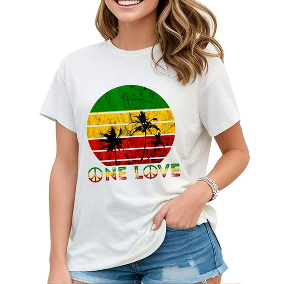 Womens Tshirt Caribbean Reggae One Love Retro Vintage Sunset Jamaica Vacation Casual Short Sleeve Tops White Large