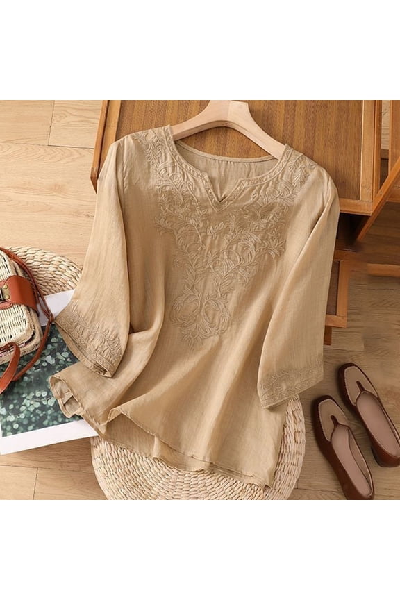 Womens Tshirt Embroidered Shirt Loose Fit Casual Tunic Top Blouse Everyday Wear Women's Tops Khaki L