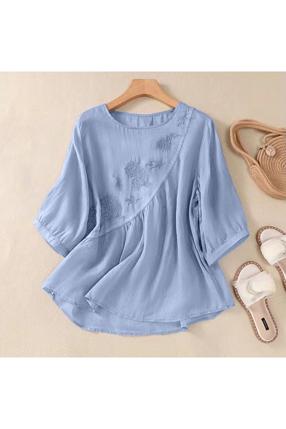 Womens Tshirt Floral Embroidered Round Neck Long Sleeve Loose Fit Applique Top Women Blouse Blue XL