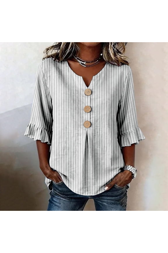 Womens Tshirt Floral Pattern Elbow-Length Sleeve Notch V Neck Soft Top Women Blouse Light Gray M
