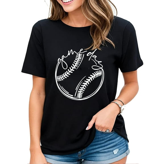 Womens Tshirt Game Day Baseball Baseball Life, Softball Life Gift Casual Short Sleeve Tops Black X-Large