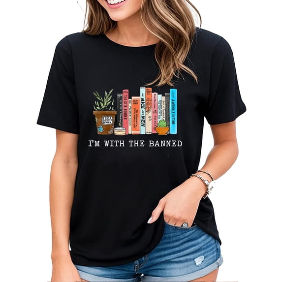 Womens Tshirt I'm with The Banned Books Shirt Geek Casual Short Sleeve Tops Black 3X-Large