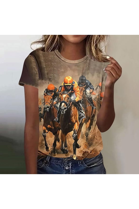 Womens Tshirt Kentucky Derby Print Short Sleeve Crewneck Classic Top Women Blouses Gold XL