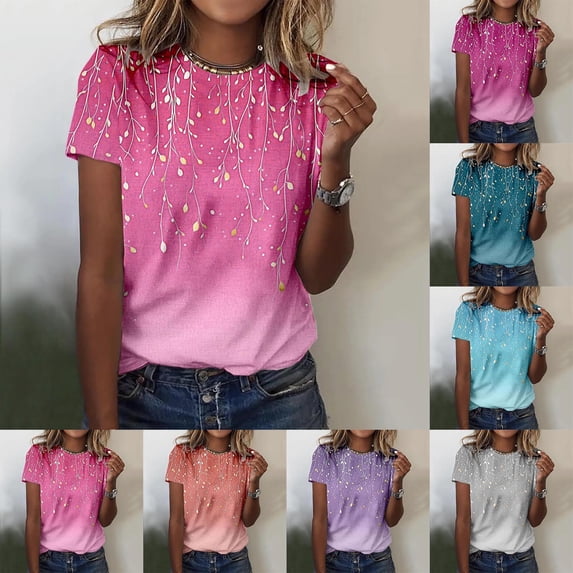 Womens Tshirt Ladies Fashion Print Casual Point Sleeve Crew Neck Tee Top Womens Tees Mint Green XL
