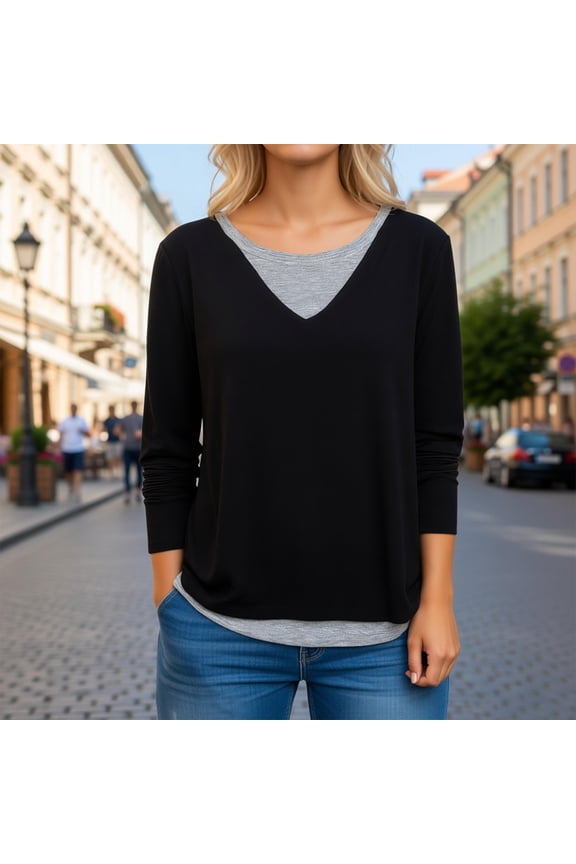 Womens Tshirt Long Sleeve T Shirt Layered Two Piece Casual Blouse Women Tops Black M