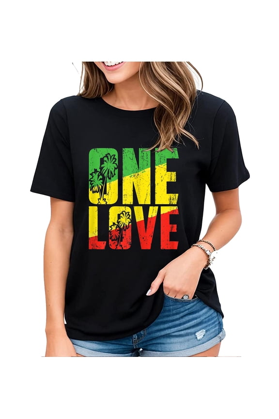 Womens Tshirt One Love Jamaica Shirt Reggae Music Caribbean Pride Roots Casual Short Sleeve Tops Black Large