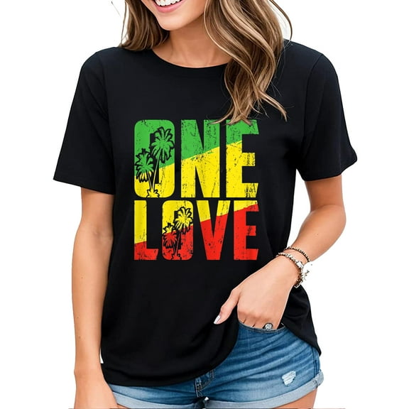 Womens Tshirt One Love Jamaica Shirt Reggae Music Caribbean Pride Roots Casual Short Sleeve Tops Black Small