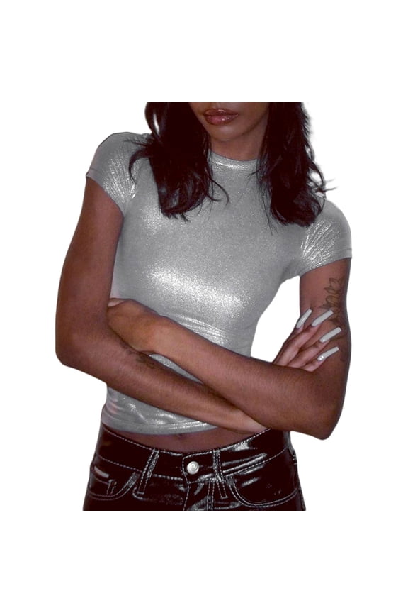 Womens Tshirt Shiny Metallic Short Sleeve Mock Neck Crop Top Slim Fit Party Disco Club Tees Silver L