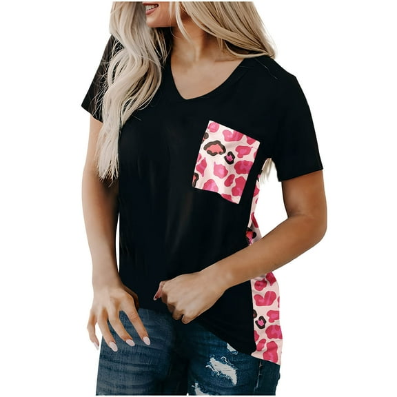 Womens Tshirt Short Sleeve Summer Casual Floral Tops Loose V Neck Blouses Patchwork Tunics Pullover with Chest Pocket, Hot Pink, S