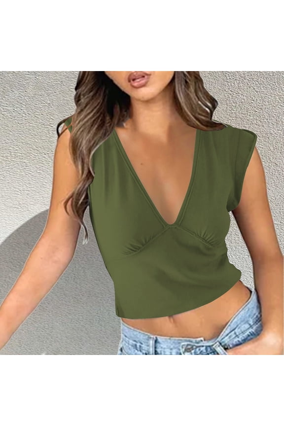 Womens Tshirt Sleeveless Deep V Neck Fashion Hottie Tee Crop Top Streetwear Summer Green