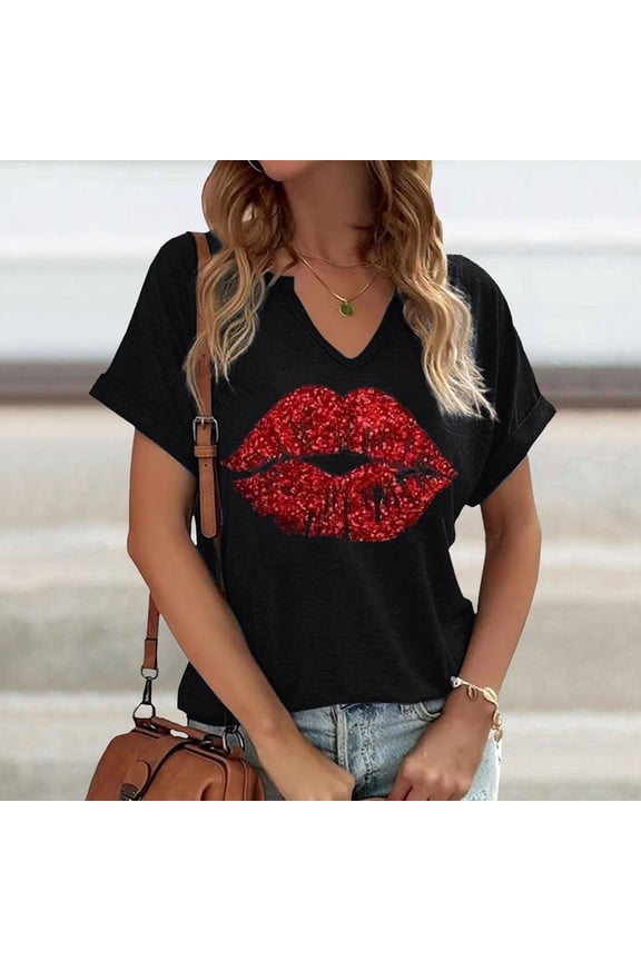 Womens Tshirt Stretchy Loose Fit Short Sleeve V Neck Lips Print Top for Relaxed Daily Womens Blouse