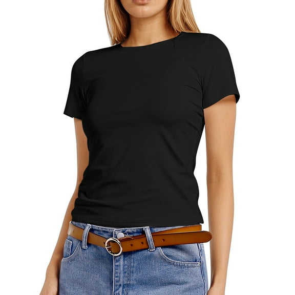 Womens Tshirt Summer Solid Slim Fit Basic T Shirt Y2K Round Neck Short Sleeve Casual Top Lightweight Breathable Soft Shirts for Women Black L