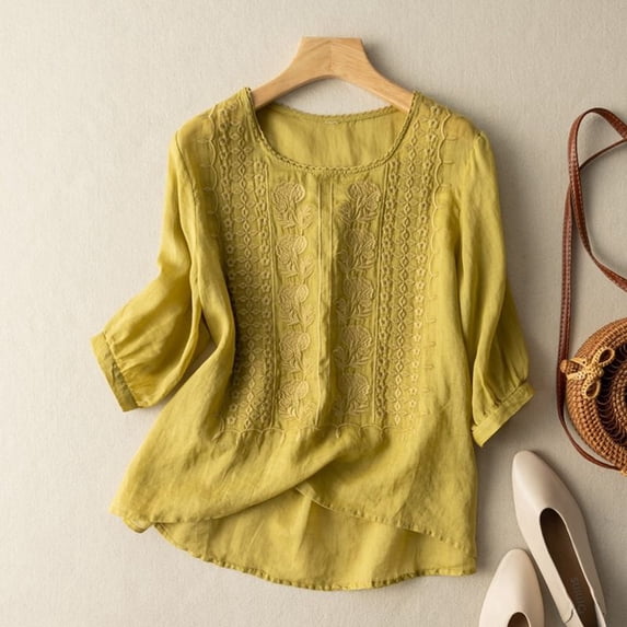 Womens Tshirt Vintage Embroidered Floral Three Quarter Sleeve Crew Neck Loose Artistic Top Womens Blouse Yellow XXXL