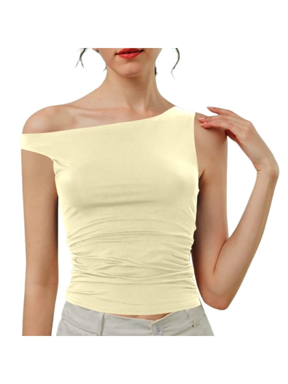 Womens Tshirt Women Summer Solid Off Shoulder Pleated Strapless Sexy Top Light Yellow M