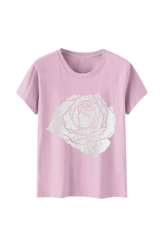 Womens Tshirt Women's Rose Graphic Printed Loose Fit Summer Short Sleeve Boyfriend Crew Neck Pink L