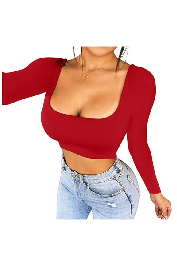 Womens Tshirt Womens Spring Tops Womens Sexy Cropped Shirts Long Sleeve Square Scoop Neck Fitted Basic Crop Top
