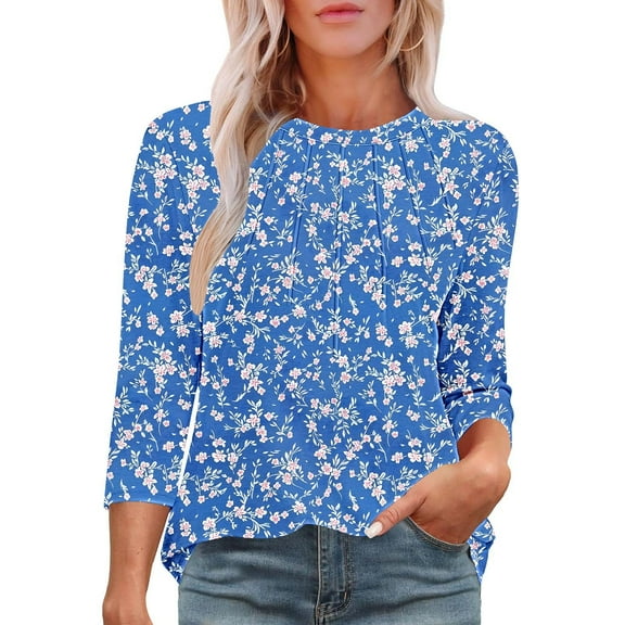 Womens Tshirts 3/4 Sleeve Shirts Casual Floral Summer Tops Dressy Pleated Crewneck Tunic Tee Blouse