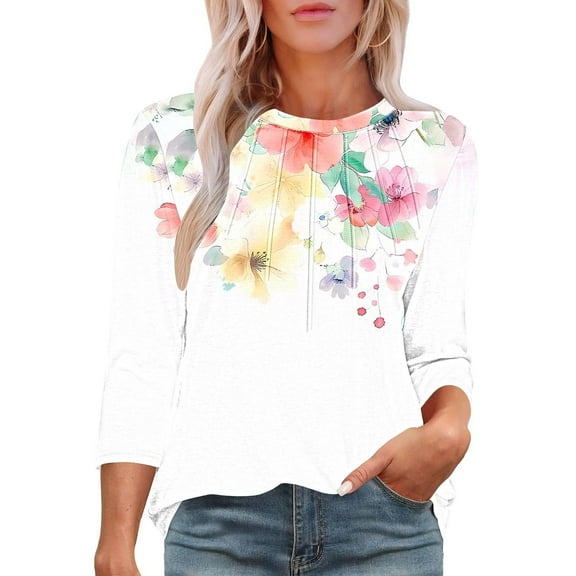 Womens Tshirts 3/4 Sleeve Shirts Casual Floral Summer Tops Dressy Pleated Crewneck Tunic Tee Blouse