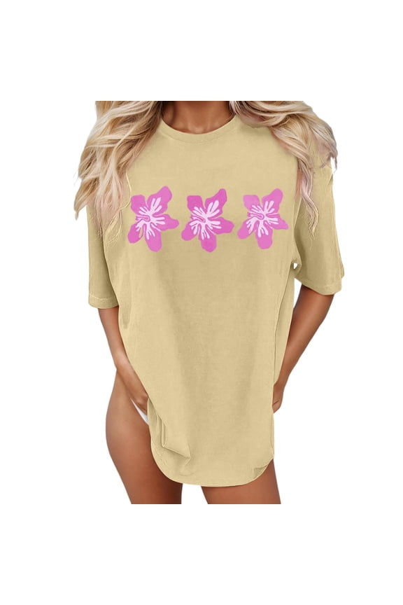 Womens Tshirts Beach Oversized Graphic Vintage Baggy Summer Vacation Tees Women's Tops Khaki S