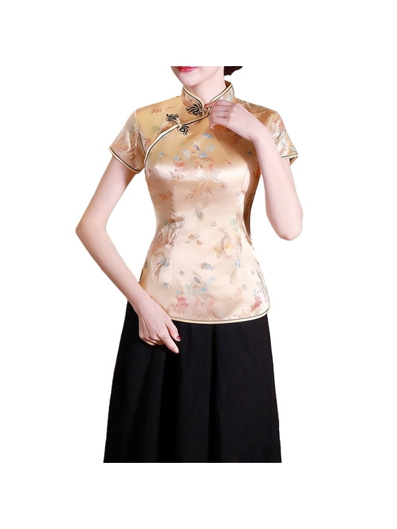 Womens Tshirts Casual Cheongsam Shirt Dragon Printing Autumn Side Split Stand Collar Cheongsam Banquet Summer Short Sleeve Tops for Women Gold M
