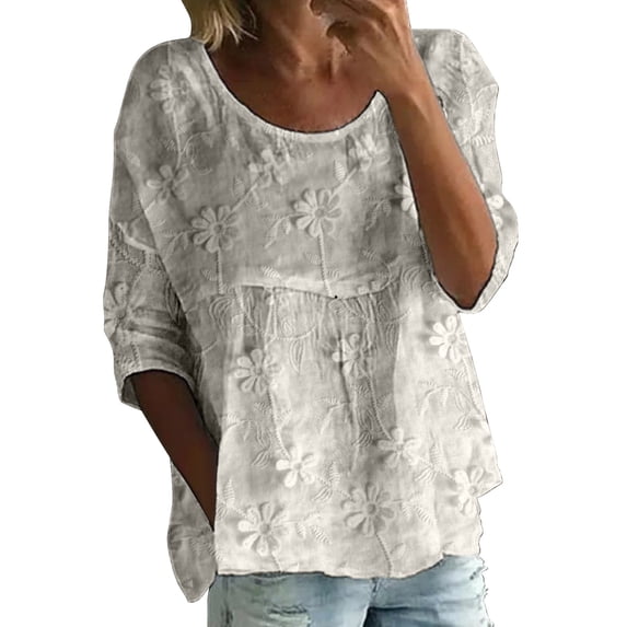 Womens Tshirts Casual Print Half Round Neck Shirt 3/4 Loose Large Size Summer Short Sleeve Tops for Women Grey M
