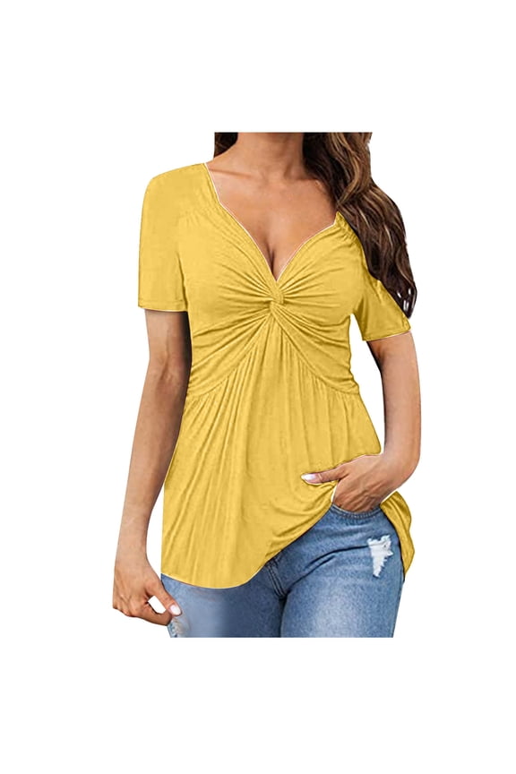 Womens Tshirts Cotton 2024 Short Sleeve Tops for Women Classic Solid Color Blouse Wrinkles V Neck Tees Loose Fit Tshirts to Wear with Leggings Blusas Casuales De Mujer