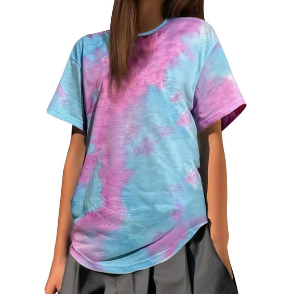 Womens Tshirts Cotton Loose Fit Tie Dye Shirt Short Sleeve Round Neck Tees Casual Summer Tops Womens T Shirts Pink L