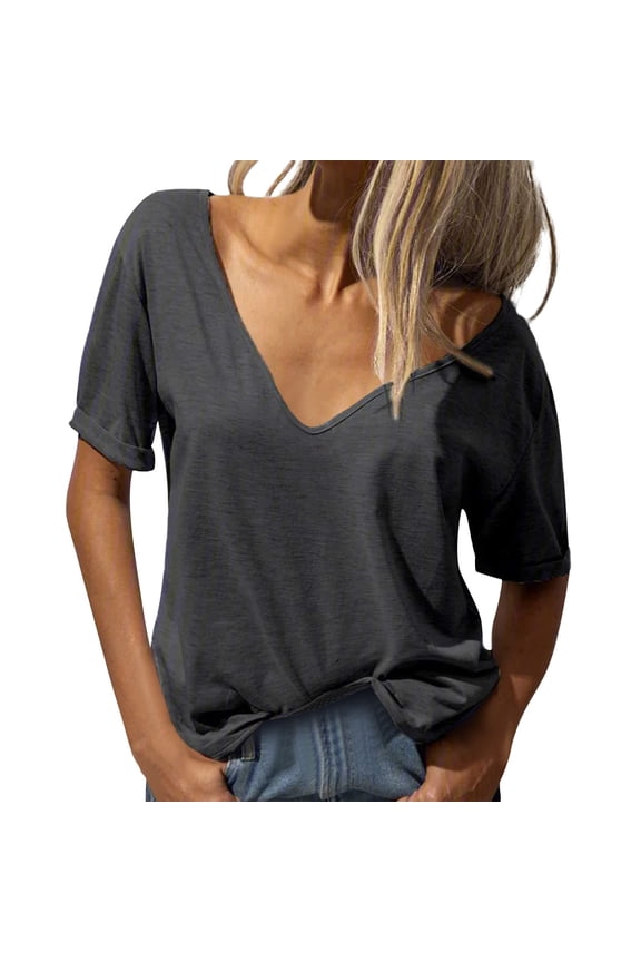 Womens Tshirts Deep V Neck Short Sleeve Solid Color Loose Basic T Shirt Sports Dailywear T-Shirt