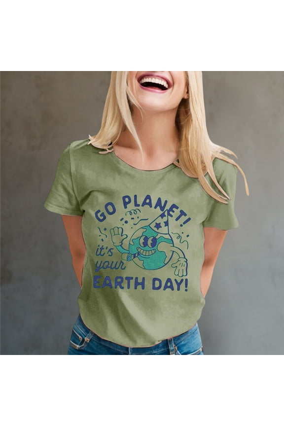 Womens Tshirts Earth Day Print Short Sleeve Crewneck Eco Top Womens Blouse Green M