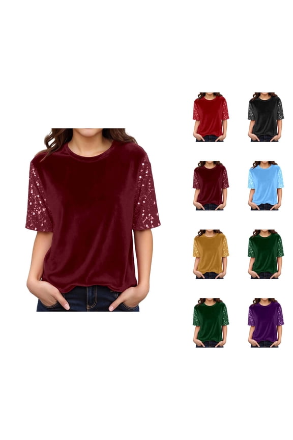 Womens Tshirts Fashion Short Sleeve Round Neck Sequin Applique Sparkling Casual Blouse Top Summer Tops for Women Trendy Fashion Clothing Daily Wear