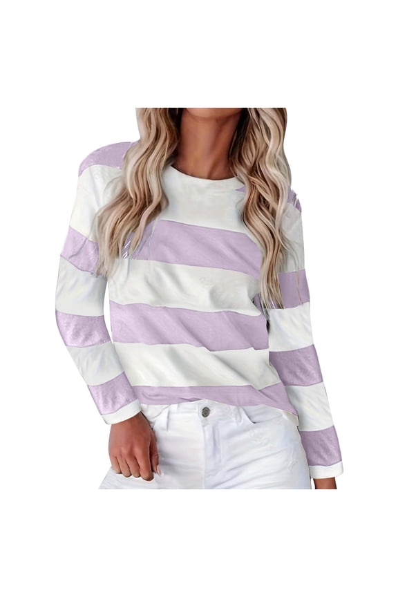 Womens Tshirts Graphic Lightweight Breathable Color Block Print Long Sleeve T Shirt Crew Neck Fall Casual Regular Fit Womens Tees