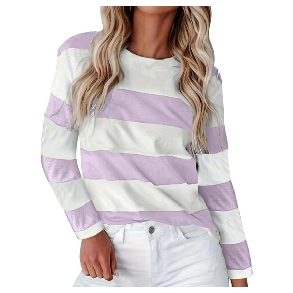 Womens Tshirts Graphic Lightweight Breathable Color Block Print Long Sleeve T Shirt Crew Neck Fall Casual Regular Fit Womens Tshirts