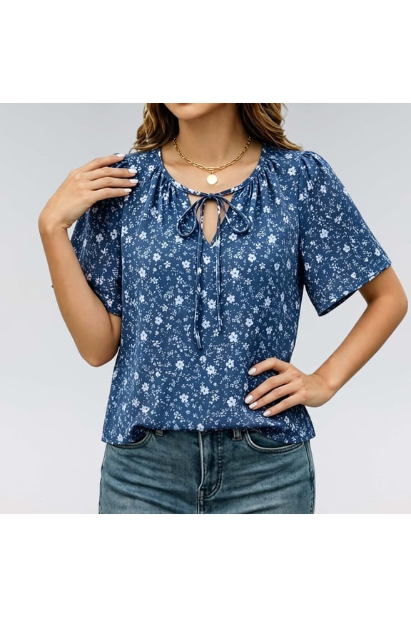 Womens Tshirts Keyhole Neck Short Sleeve Snowflake Print Flared Blouse Womens Tees Dark Blue M