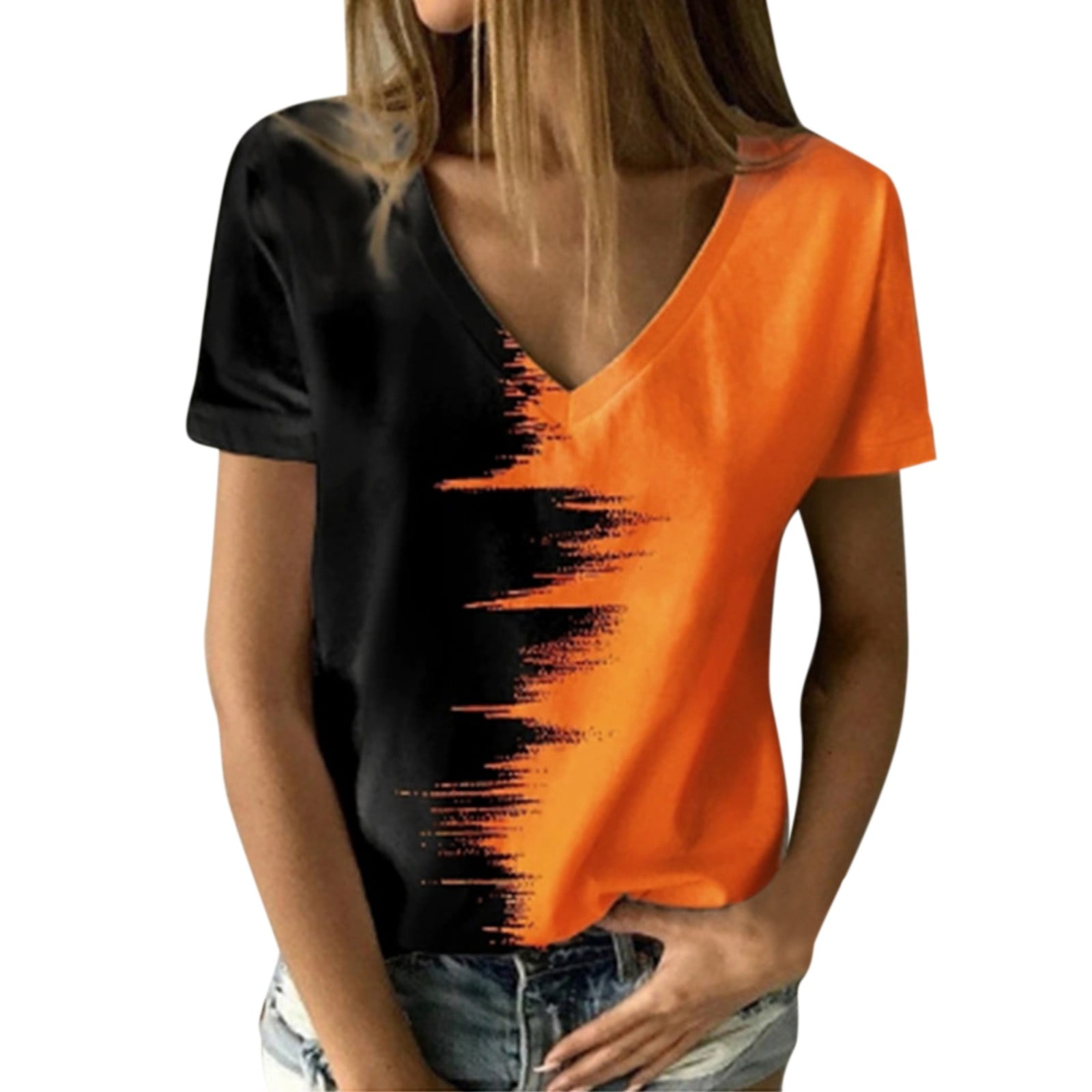 Womens Tshirts Ladies Colorblock Fashion V Neck Short Sleeve TShirt