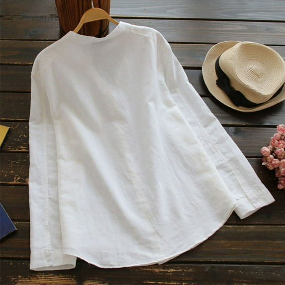 Womens Tshirts Long Sleeve Womens Tunic Tops Fall Cotton Linen Solid Button Down Blouses Dressy Casual White XL