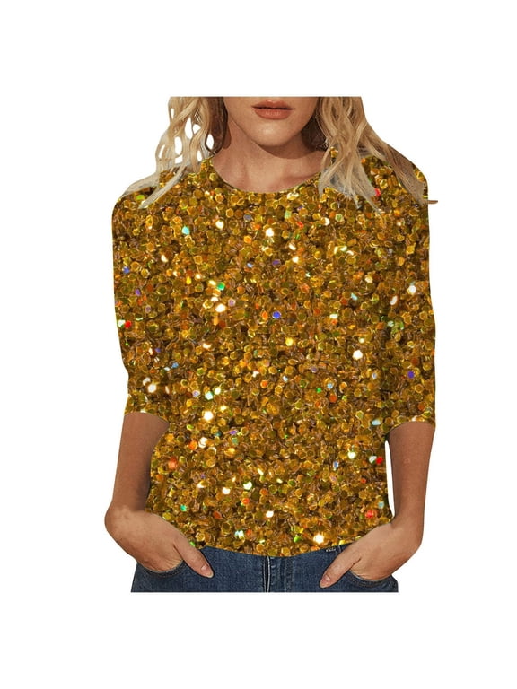 Womens Tshirts Long Sleeve Womens Tunic Tops Fall Crew Neck Carnival Sequin Printed 3/4 Length Sleeve Blouses Casual Gold XL