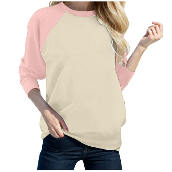 Womens Tshirts Long Sleeve Womens Tunic Tops Fall Crewneck With Shoulder Matching Color Work Blouses Dressy Casual Pink M