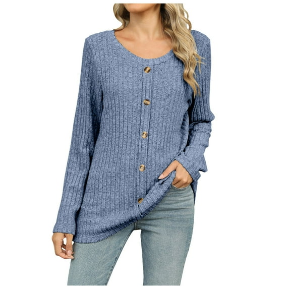 Womens Tshirts Long Sleeve Womens Tunic Tops Fall Fashion Crew Neck Loose Buttons Work Blouses Dressy Casual Blue XL