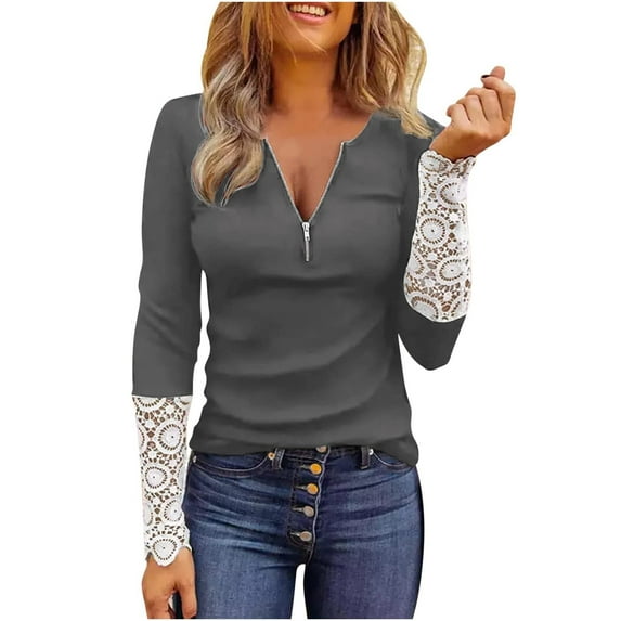 Womens Tshirts Long Sleeve Womens Tunic Tops Fall V-Neck Lace Printed Off-The-Shoulder Sexy Loose Work Blouses Dressy Casual Grey S
