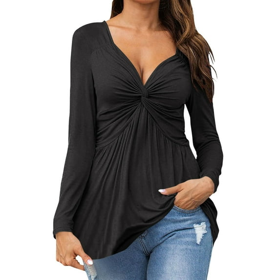 Womens Tshirts Long Sleeve Womens Tunic Tops Fall V Neck Solid Loose Side Split Blouses Casual Black XL
