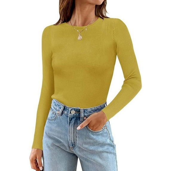Womens Tshirts Long Sleeve Womens Tunic Tops Fall Winter Fashion Solid Color Crewneck Ribbed Knitted Slim Sweater Blouses Business Casual Yellow 2XL